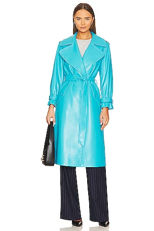 Alice + Olivia Nevada Faux Leather Midi Trench Coat in Ocean Floor