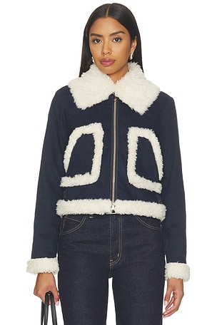 Isaiah Faux Shearling Cropped Aviator Denim Jacket Alice + Olivia