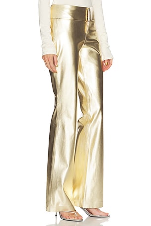Alice + Olivia Olivia Vegan Leather Fit And Flare Bootcut Pant in Metallic Gold