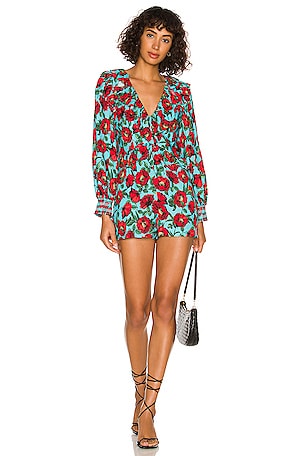 Alice + Olivia Blue Floral Kami Deep V Romper 4 Long Puff Sleeve Ruffle deals Preppy