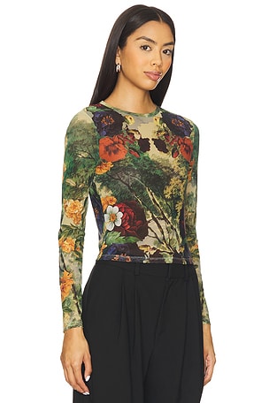 Alice + Olivia Delaina Printed Mesh Long Sleeve Crop Top in NA