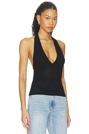 Alice + Olivia Pearl Pointelle Tie Back Halter Top in Black
