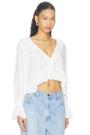 Alice + Olivia Skye Lace Applique V Neck Ruffle Cropped Blouse in White