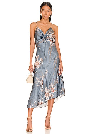 all saints blue floral dress Lil Asymmetric Floral Print Midi Dress ADENA DUSTY BLUE