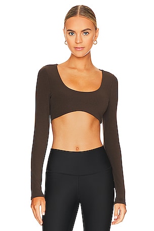 alo Ribbed Defined Long Sleeve Sports Bra in Espresso | REVOLVE