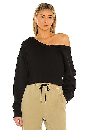 alo Prima Off Shoulder Pullover in Black | REVOLVE