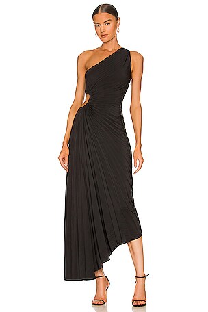black long one sleeve dress Ashini | Black One-Sleeve Maxi Dress With Cape main image 1