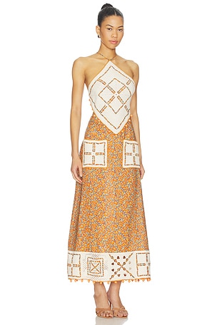 Alemais Marva Crochet Halter Midi Dress in White,Burnt Orange