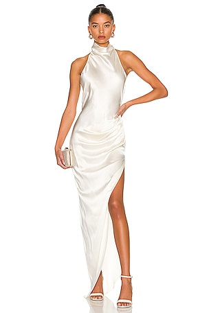 Norma Kamali Halter Turtle Side Slit Gown in White