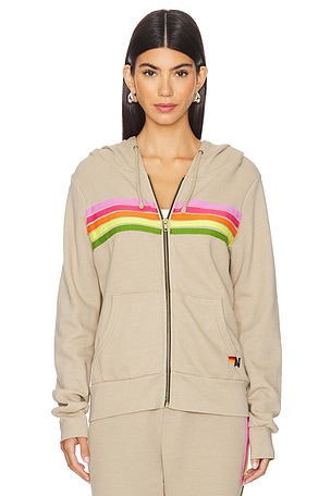 Aviator Nation 5 Stripe Zip Hoodie in Beige