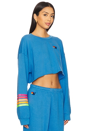 Aviator Nation Rugby Stitch Relaxed Cropped Crew Sweatshirt in Blue