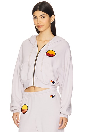 Aviator Nation Sunset Patch Cropped Zip Relaxed Hoodie in Ivory,Light Grey