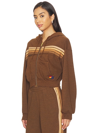 Aviator Nation 5 Stripe Cropped Zip Hoodie in Brown