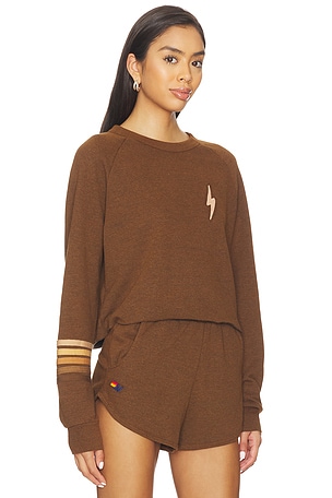Aviator Nation Bolt Rugby Stitch Cropped Crew Sweatshirt in Brown
