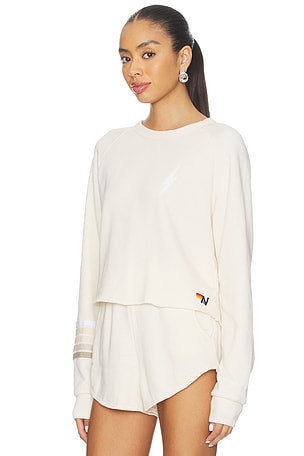 Aviator Nation Bolt Rugby Stitch Cropped Crew Sweatshirt in White
