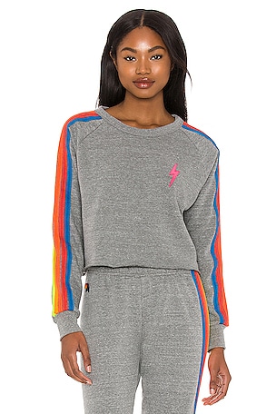 Aviator Nation Bolt Cropped Classic Sweatshirt in Heather Grey Neon Rainbow REVOLVE