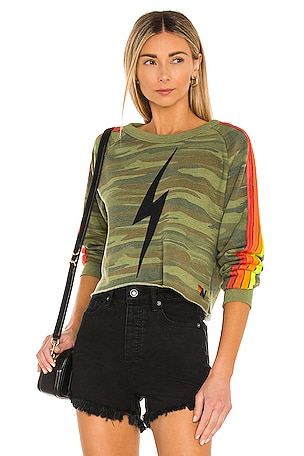 Aviator Nation Bolt Print Cropped Sweatshirt in Camo Neon REVOLVE