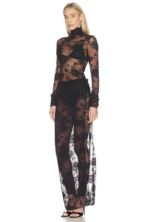 The Andamane Tessa Lace Turtleneck Openback Jumpsuit in Black