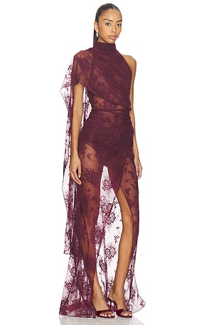 The Andamane Waverly Lace Maxi Cape-effect Maxi Dress in Burgundy