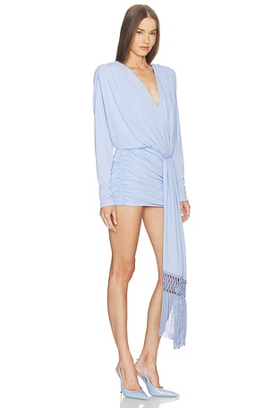 The Andamane Dalia Draped Fringe Mini Dress in Baby Blue
