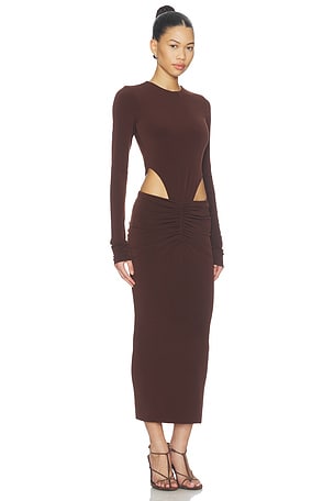 The Andamane Heloise Cut Out Midi Dress in Chocolate
