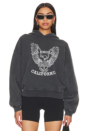 ANINE BING/アニービン スウェット イーグル ANINE BING Alec Hoodie White Eagle in Washed Black | REVOLVE