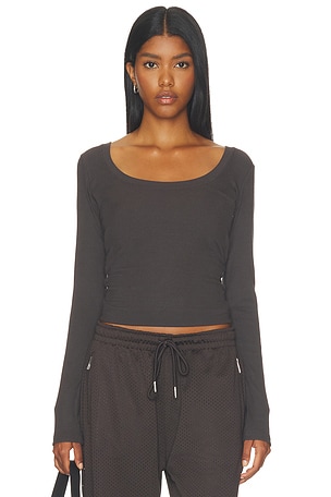 Rib Scoop Neck Long Sleeve Top Adanola