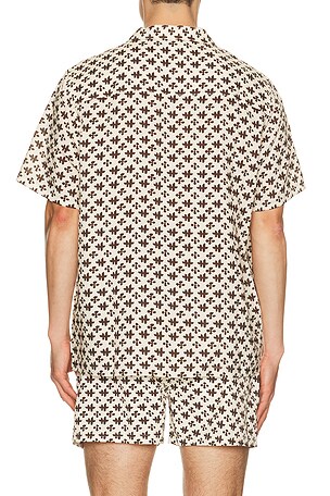 AUTO-REPLY Alex Printed Short Sleeve Linen Shirt in Cream. Size M. Also