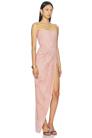 Alex Perry Strapless Suede Corset Drape Gown in Rose