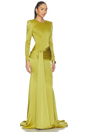 Alex Perry Long Sleeve Drape Sash Gown in Green