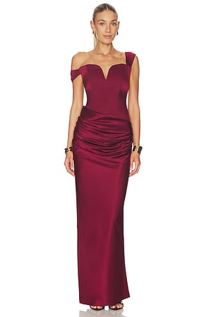 Alex Perry Off Shoulder Longline Sweetheart Drape Column Dress in Burgundy