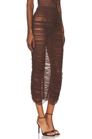 Alex Perry Ruched Mesh Midi Skirt in Brown