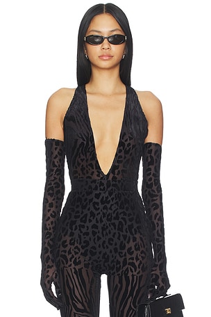 Animal Print Burnout Bodysuit With Gloves Alex Perry