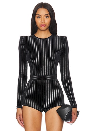 Crystal Velvet Long Sleeve Bodysuit Alex Perry