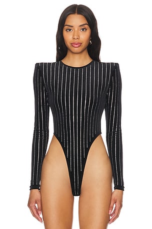 Alex Perry Crystal Velvet Long Sleeve Bodysuit in Black