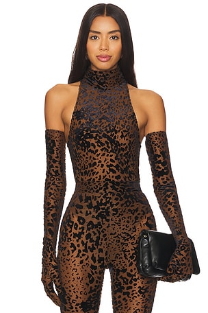 Leopard Burnout Mesh Bodysuit With Gloves Alex Perry