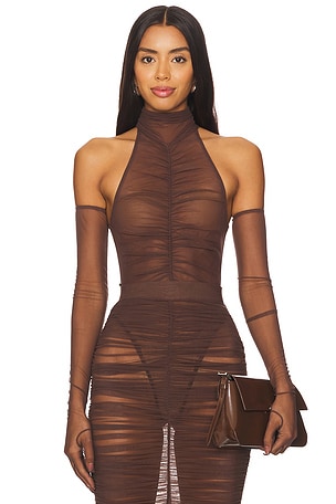 Ruched Mesh Bodysuit With Gloves Alex Perry