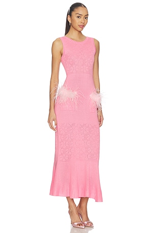 ANDREEVA Peony Knit Dress With Real Ostrich Feather Details in Pink