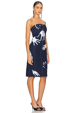 AREA Handprint Strapless Midi Dress in Blue