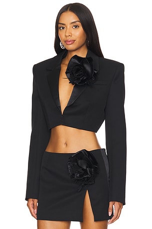 AREA Flower Corsage Cropped Blazer in Black