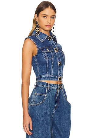 AREA Gemstone Button Denim Gilet in Denim-Medium