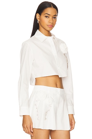 AREA Crystal Rosette Poplin Cropped Shirt in Ivory