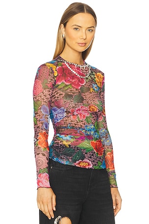 AREA Crystal Embellished Printed Tulle Long Sleeve Top in Black