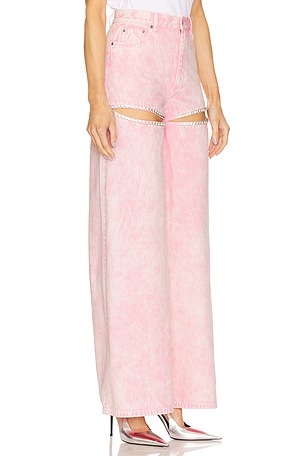 AREA Crystal Slit Wide Leg Jeans in Pink