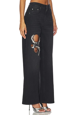 AREA Crystal Chain Cutout Relaxed Jean in Black