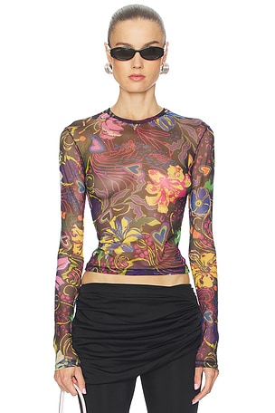 Hotfix Printed Tulle Long Sleeve Top AREA