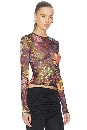 AREA Hotfix Printed Tulle Long Sleeve Top in Black