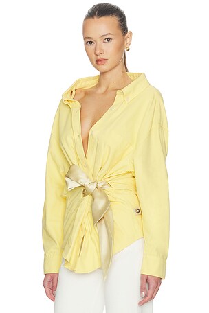 AREA Satin Knot Oxford Shirt in Yellow
