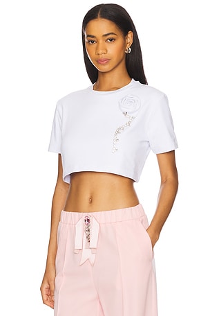 AREA Crystal Rosette Cropped Tee in White