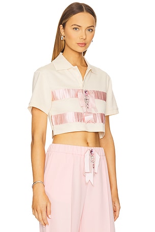 AREA Crystal Bow Cropped Polo in Cream